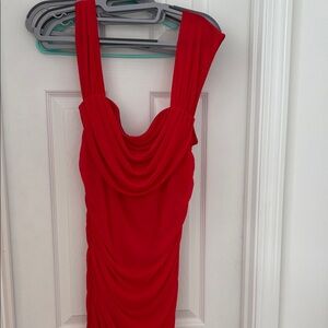Elegant Red Draped Midi Dress with Cowl Neck